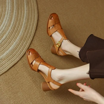 2022 Vara Femei Pantofi de Moda Rotund Deget de la picior Toc Indesata Femei Sandale Piele de Vaca T-Curea Tocuri inalte Casual Roman Pantofi pentru Femei