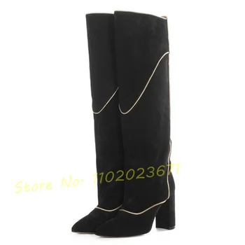 Aur Tapiterie Neagra Piele De Căprioară Cizme De Iarna Femei Subliniat Toe Mozaic Bloc Tocuri Inalte Cizme Lungi Doamnelor Moda Tendințele De Pantofi De Cald