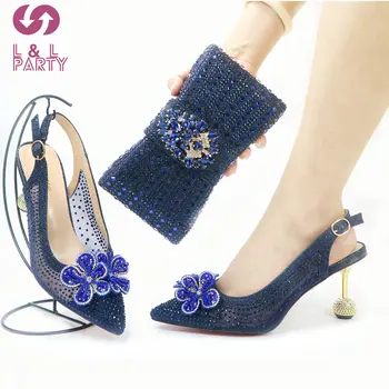Culoare Albastru inchis Design Special Femeile italiene Pantofi și Geantă Set Decora cu Stras pentru Petrecere in Gradina