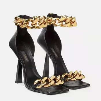 vara pantofi femei 2022 tocuri înalte de moda femei sexy lanț de metal square toe sandale pentru femei, plus dimensiune