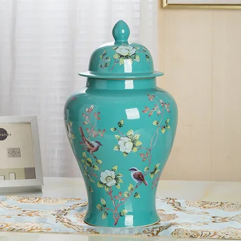 14 Inch Clasic Chinez Vaza Cu Capac Galben De Porțelan Florale Templu Ghimbir Borcan Ceramica De Masă Vas Antic Centrală Jindezhen