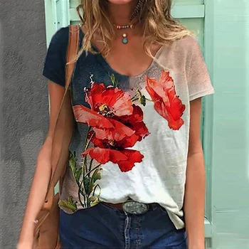 2022 Femei T-Shirt de Moda Temă Florală Tricou Florale Plante Teuri Haine de Vară Bază de sex Feminin Topuri 3D de Imprimare Pulover Vrac