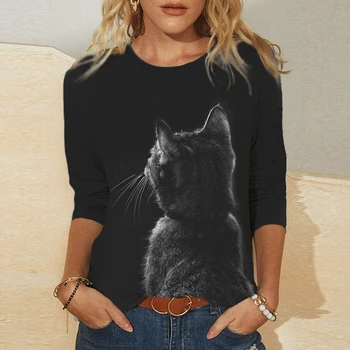2022 Toamna Primavara Nouă Femei Topuri Pisica Neagra Print T Shirt 5XL Casual, Tricouri cu Maneca Lunga de Desene animate Amuzante Teuri drumul Doamnei Streetwear