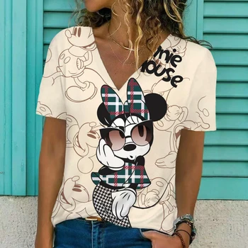 2022 Vara Disney Minnie Mickey Mouse print T Shirt Doamnelor Sexy V-Neck Maneca Scurta Tricou Casual, de Bază T-Shirt Topuri pentru Femei