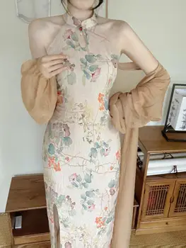 2023 vara noi de epocă stil chinezesc vrac elegant floare de imprimare fără mâneci rochie cheongsam femei sexy două piese qipao set g607
