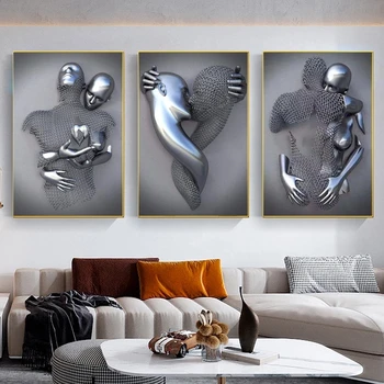 3D Dragoste Inima Gri Metal Figura Statuie Pictura pe Panza, Postere de Arta, Printuri și Imagini de Perete pentru Camera de zi de Decorare Acasă