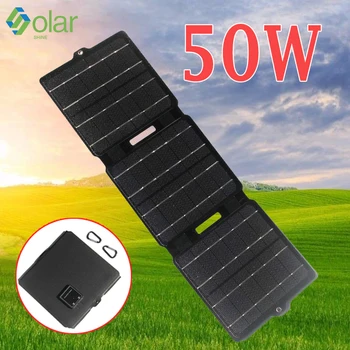50W Pliabil Panou Solar ETFE Dual USB 12V Incarcator Solar rezistent la apa Solar Power Bank pentru Mobil în aer liber, Camping, Drumeții, Pescuit