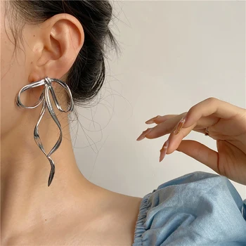 AENSOA 2021 coreea Moda Design Simplu de Culoare Argintiu Metal Line Bow Cercei Elegant Mare Bowknot Picătură Cercei de sex Feminin