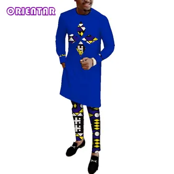 Africa de Haine pentru Barbati Maneca Lunga Dashiki Cămașă și Pantaloni Lungi Bazin Riche din Africa de Bumbac Imprimare Oameni din Africa Costum Costum WYN513
