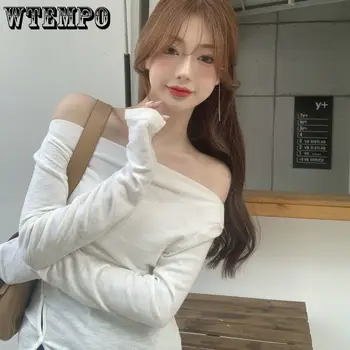 Alb Pe Umăr Top Femei Stil coreean Neregulate Split Bottom Cămașă de Primăvară Subțire cu mâneci Lungi T-shirt Harajuku Culturilor Topuri