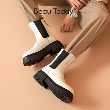 BeauToday Platforma Cizme Chelsea Femei De Vacă Din Piele Zip Spate Elastic Botine Zimțate Indesata Unic Doamnelor Pantofi 03526