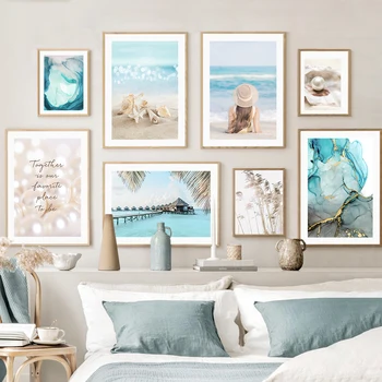 Blue Sunny Beach Pearl Shell Ins Marmorat Arta De Perete Panza Pictura Nordică Postere Si Printuri Poze De Perete Pentru Living Decorul Camerei