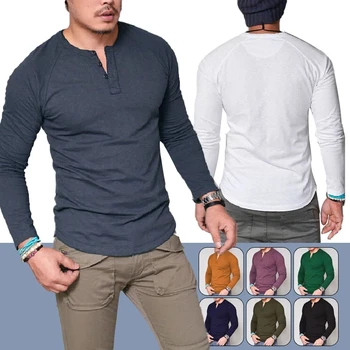 Camisetas informales de manga larga hombre para, Camisa de algodón de Culoare sólido con estilo, ajustada, con botones, blusa, cam