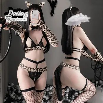 Cosplay Anime Sexy Sm Lenjerie de Deschidere Leopard de Imprimare de Pluș Coada Cut-out Pisica Femeie Uniformă Seducatoare Pură Pasiune Set