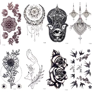 Dantelă Neagră Hamsa Mandala Flori De Henna Tatuaj Fals Femei Faske Corp Bijuterii Mâinile Arta Tatuaj Temporar Autocolante Fete Brațul Tatuaj