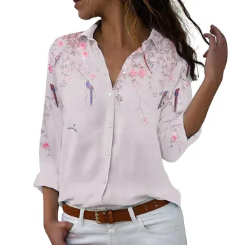 Femei Florale Imprimare T-Shirt Buton Jos Tricouri Roll Up Sleeve V Gât Topuri cu Guler Casual Munca Tricou Femei Îmbrăcăminte 2022