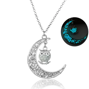 Femeile Luminos Moon Owl pandantiv coliere Strălucire În Întuneric animal farmecul Argint lanțuri de culoare Pentru Fete Moda Bijuterii dotari