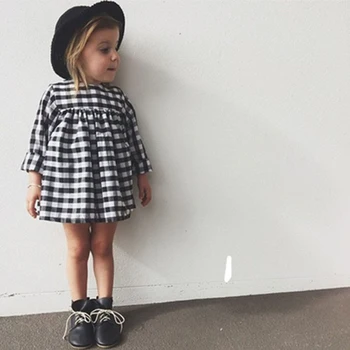Fete Drăguț cu Mâneci Lungi de Bumbac Carouri Rochie Mini Copii Fete de Moda Casual Îmbrăcăminte DS29