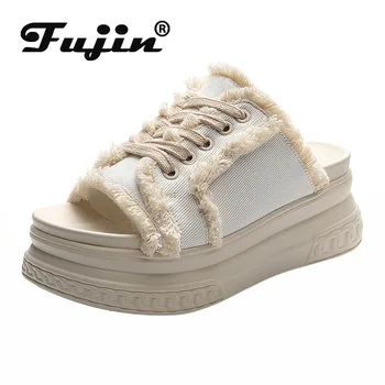 Fujin 7cm Pânză de Înaltă Calitate Femei Papuci Sandale cu Platforma Wedge Heel sandale Outdoor de Moda pentru Femei Pantofi de Vara