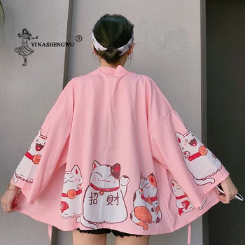 Japonia Kimono Cat Noroc Tipărite Cat Kimono Cardigan Cosplay De Sex Feminin Liber Dragon Topuri Casual, Halat Yukata Femei Asiatice Haine Noi