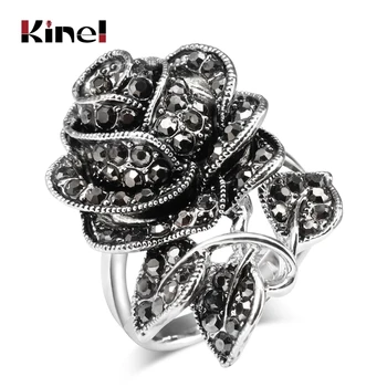 Kinel 2020 Vintage Rose Inel Pentru Femei Antichități Argint Culoare Cristal Negru Inele Cadou De Crăciun Amestecat Cu Ridicata