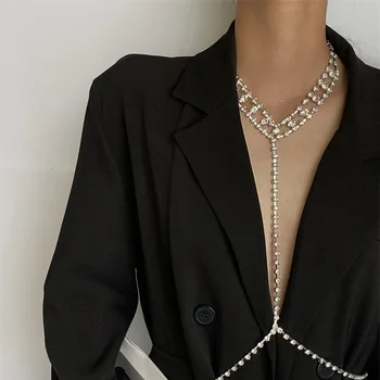 Kpop Mare De Cristal Burta Talie Lanț Indesata Colier Cravată Boutique Estetice Stras Piept Lanț De Corp Bijuterii Pentru Femei, Cadou