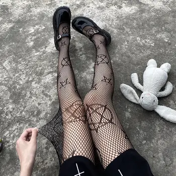 Lolita Fete Drăguț Pentagrama Print Colanti Femei Sexy Gotice Punk Magică Stea Cu Cinci Colțuri Plasă De Pește Net Ciorapi Ciorapi Corpului