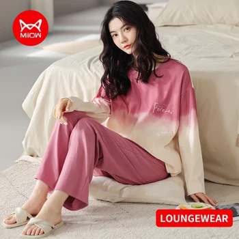 MIIOW Bumbac pentru Femei Homewear Pijamale Mâneci Lungi și Pantaloni 2 Bucata Pijamale Seturi de Liber Confortabil Gradient de Culoare Haine de Acasă
