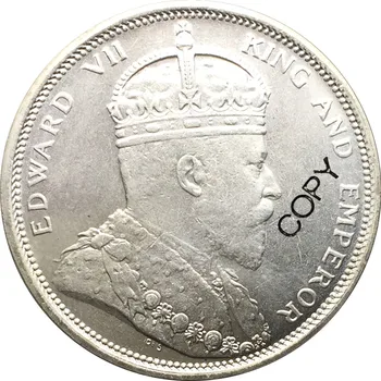 Malaezia Straits Așezări 1908 Un 1 Dolar Edward VII din Alama Placat cu Argint Copia Fisei