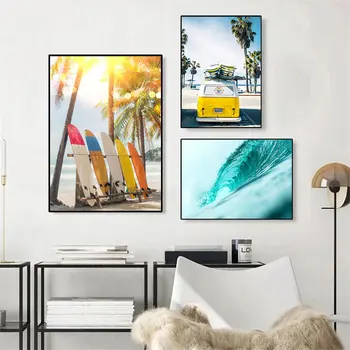Masina Galbena Plaja Panza De Imprimare Ocean Surf Poster Palmier Plăci De Surf Arta De Perete Pictura Nordică Poze De Perete Living Decorul Camerei