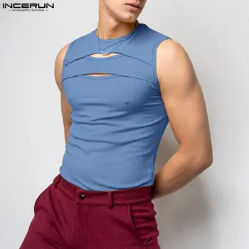 Moda Bine Montarea Topuri INCERUN Bărbați Scobite de Tricotat Design Rezervor Topuri Elegante de Vânzare Fierbinte de sex Masculin Solidă Toate-meci de Veste S-5XL