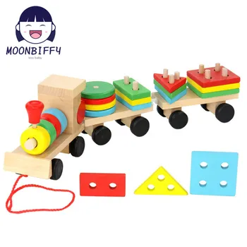 Montessori, Jucarii din Lemn, Puzzle-uri de Vehicule Tren Copii de Învățământ din Lemn din Lemn Masiv de Stivuire puzzle-uri, Puzzle pentru Copii