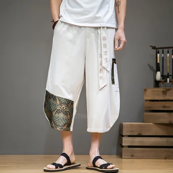 Oamenii Stil Japonez Lenjerie De Pat Din Bumbac Broderie Moda Largi Picior Pantaloni Harem Retro Pierde Trei Sfert Pantaloni Haine De Epocă Haori