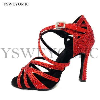 Pantofi de dans În Toc 10cm Personalizate de Culoare Roșu Verde Albastru Satin Cu Cristale Femei latino-Salsa Pantofi de Interior, Transport Gratuit
