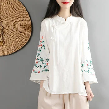 Primavara Toamna Broderie Chineză Top Femei Lenjerie De Pat Din Bumbac Stil Etnic Tang Costum Retro Harajuku Bluza Eleganti Liber Feminin Tricou