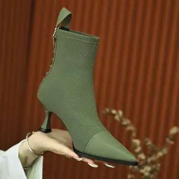Retro Întinde Șosete Cizme Femei Toamna/Iarna Noua Moda A Subliniat Toe Fermoar Singur Cizme De Cusut Tocuri Inalte Pantofi Femei