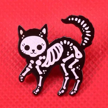 Schelet pisica email pin drăguț sclipici brosa craniu de animal insigna negru, distracție, artă în alb ace Halloween cadou