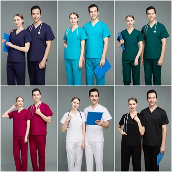 Scrubs Set pentru Femei Spital pentru animale de Companie Set Uniform Scrub Costume de Culoare Solidă Unisex Halat Chirurgical de Buzunar V-neck Joggeri Prețul cu Ridicata