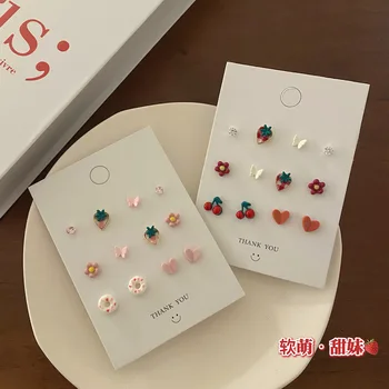 Silver Needle Drăguț Japoneză Fata De Căpșuni Inima Moale Fata Cercei Set 2021 Nou La Modă Cherry Fluture Ureche Bijuterii