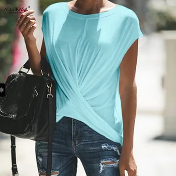 T-Shirt Răsucite de culoare solidă Neregulate femeii Plus Dimensiunea O-Neck Negru T-Shirt WomenSummer Maneca Scurta Camasi Topuri