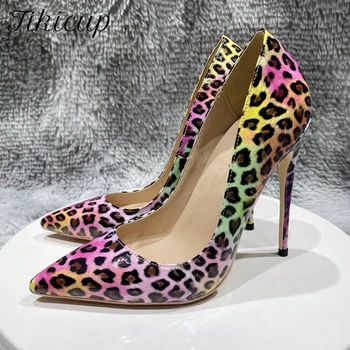 Tikicup Roz Leopard de Imprimare Lucios Femei Ascuțite Toe Pantofi cu Toc pentru Petrecere Sexy Confortabil Stilet Pompe de 8 cm 10 cm 12cm