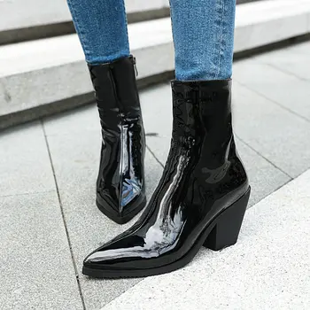 Toamna Cizme Pentru Femei Din Piele Pu Pene Glezna Cizme De Moda A Subliniat Toe Iarna Cu Fermoar Toc Înalt Cizme Pantofi 2019