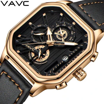 VAVC Fashion Square Dial Curea din Piele Mens Ceasuri de Lux, Sport Impermeabil Ceas Barbat Cronograf Cuarț Ceas de mână Uhren Herren