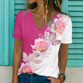 Vara 2022 Femei pe Maneci Scurte Casual Streetwear Pulover Vrac Top Supradimensionat Femei V-Neck Floral Print T Shirt Doamnelor Haine