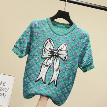 Vara Pista 2022 Retro Tricotate T-Shirt Femei Verde/Roz Subțire Paiete, Ștrasuri Din Mărgele Arc Pulovere Femme Casual Maneca Scurta Top Tees